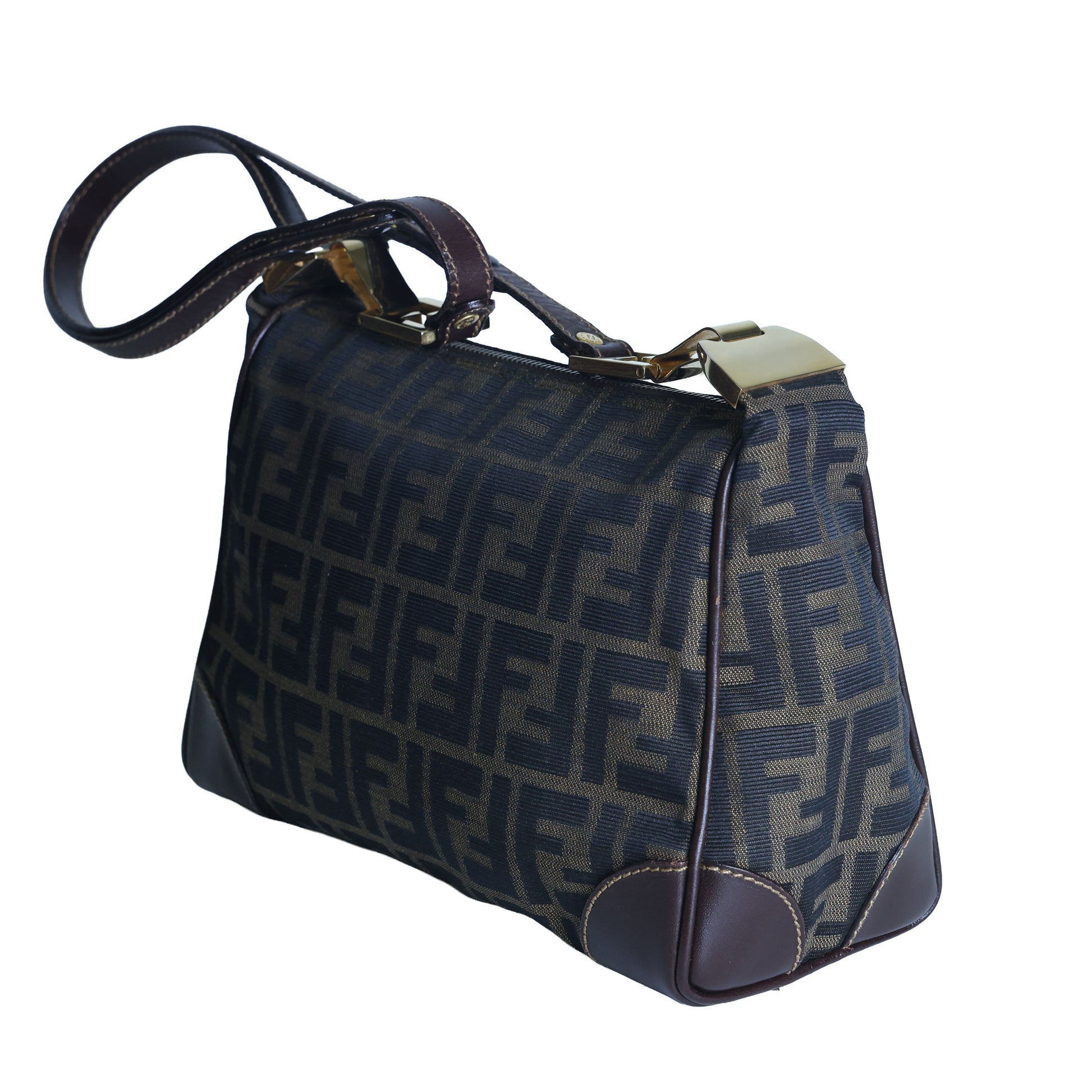 Preloved FENDI Zucca Canvas Leather Crossbody Gold Tone Handbag Brown | Luxe Again Maison