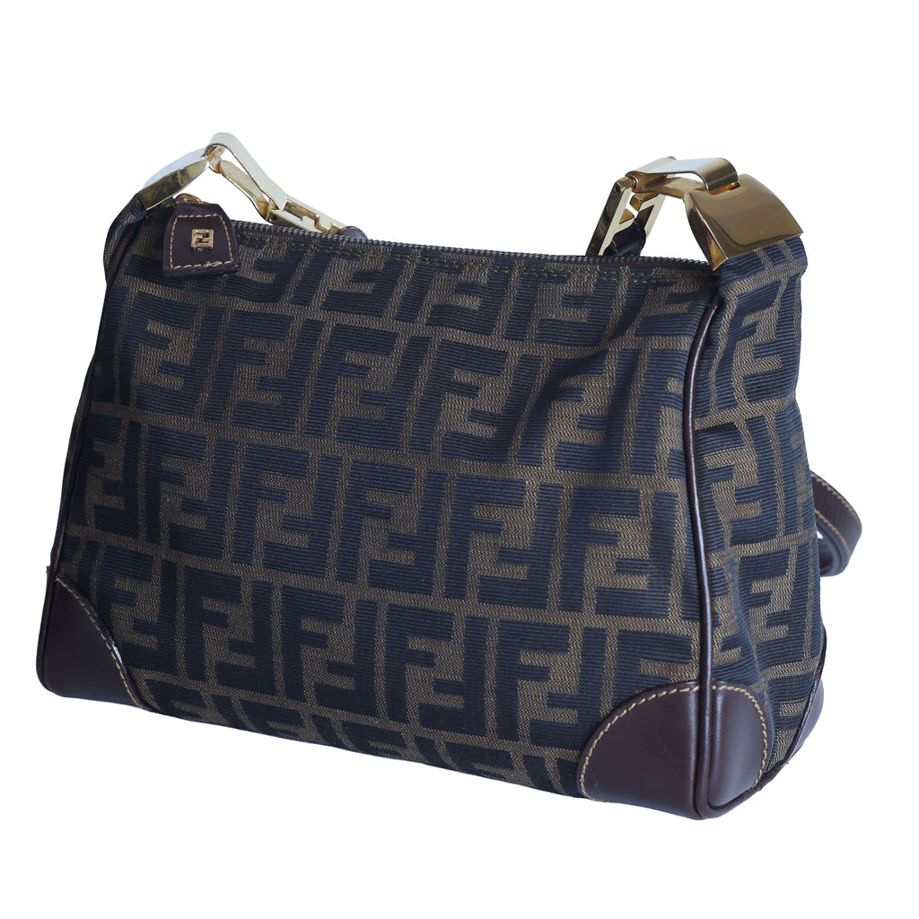 Preloved FENDI Zucca Canvas Leather Crossbody Gold Tone Handbag Brown | Luxe Again Maison