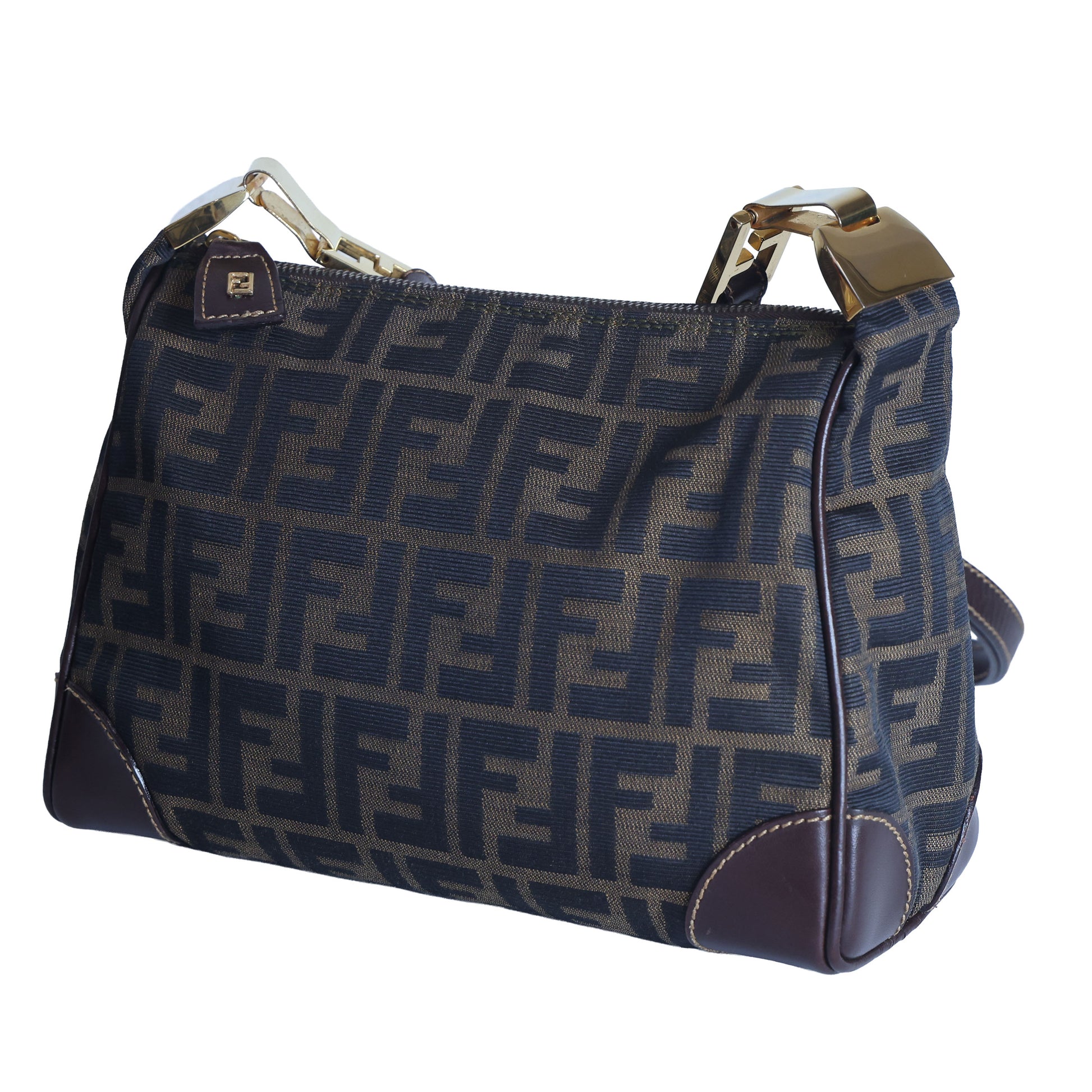 Preloved FENDI Zucca Canvas Leather Crossbody Gold Tone Handbag Brown | Luxe Again Maison