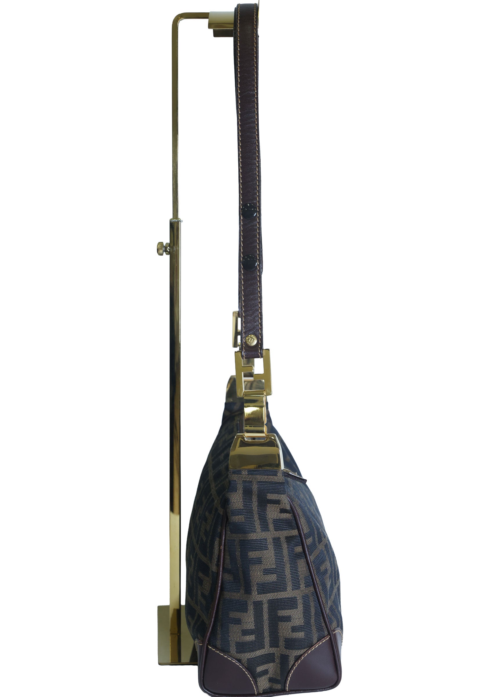 Preloved FENDI Zucca Canvas Leather Crossbody Gold Tone Handbag Brown | Luxe Again Maison