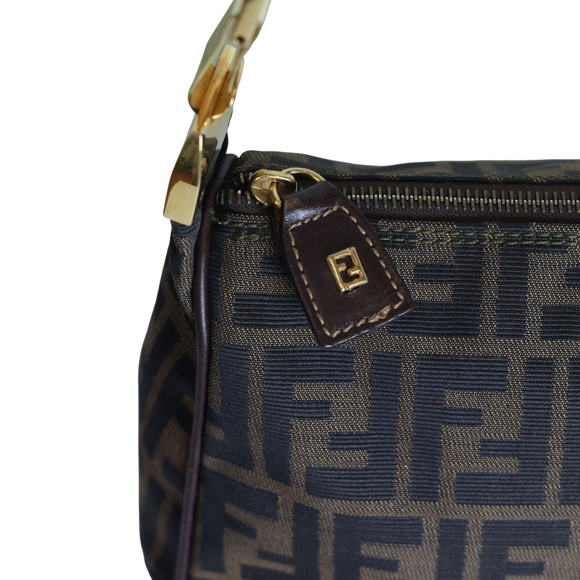 Preloved FENDI Zucca Canvas Leather Crossbody Gold Tone Handbag Brown | Luxe Again Maison