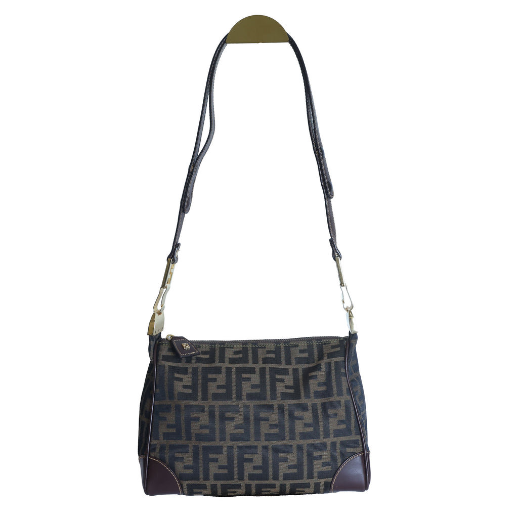 Preloved FENDI Zucca Canvas Leather Crossbody Gold Tone Handbag Brown | Luxe Again Maison