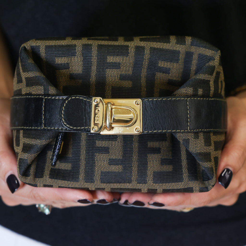 Preloved FENDI Zucca Canvas Leather Mini Cosmetic Bag Brown | Luxe Again Maison