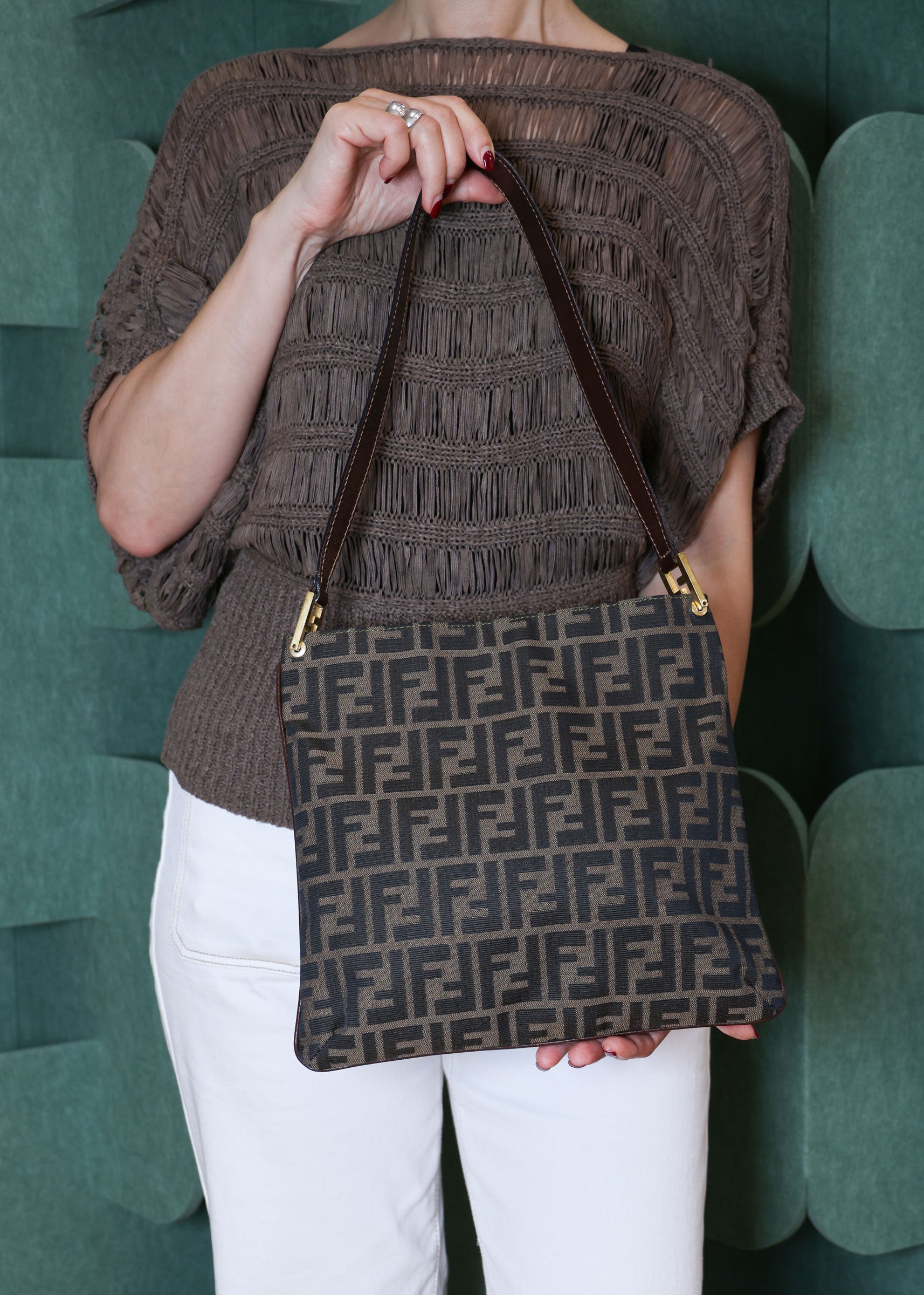 Preloved FENDI Zucca Canvas x Leather Trim Square One Shoulder Bag Brown | Luxe Again Maison