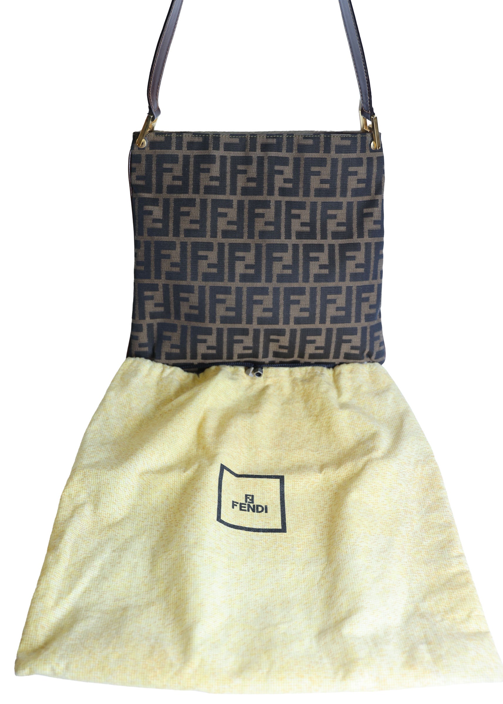 Preloved FENDI Zucca Canvas x Leather Trim Square One Shoulder Bag Brown | Luxe Again Maison