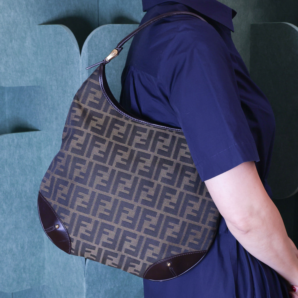 Preloved FENDI Zucca Canvas x Leather Trim One Shoulder Bag Brown | Luxe Again Maison