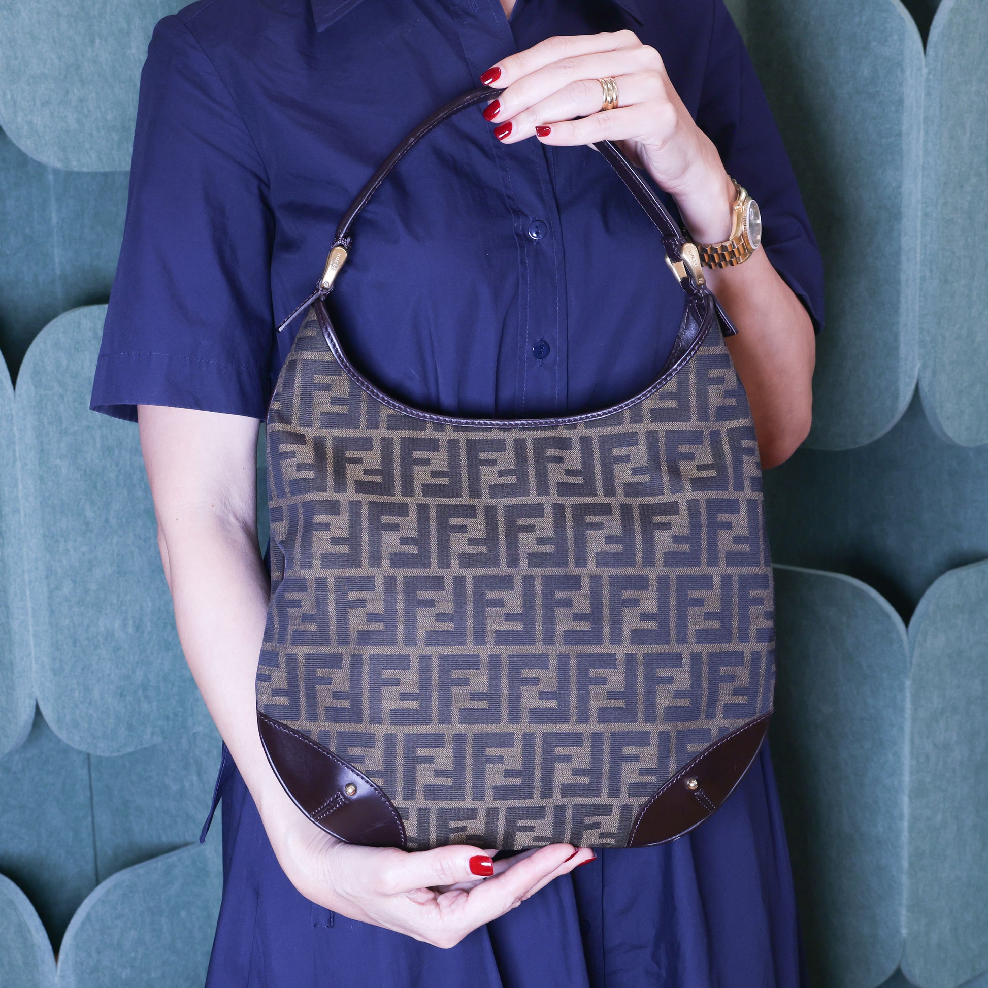 Preloved FENDI Zucca Canvas x Leather Trim One Shoulder Bag Brown | Luxe Again Maison