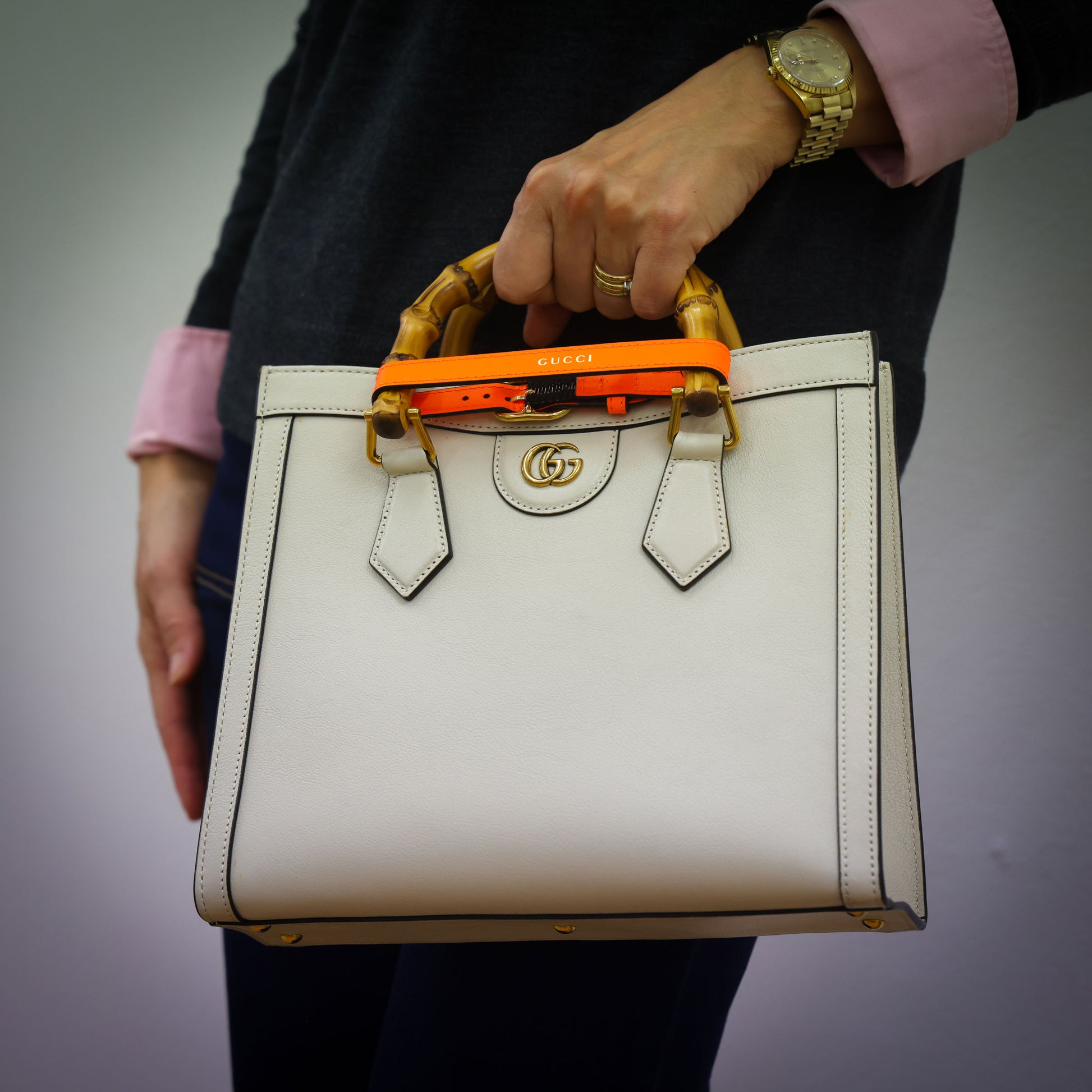 Preloved authentic GUCCI Diana Bamboo Medium White Leather Tote | Luxe Again Maison