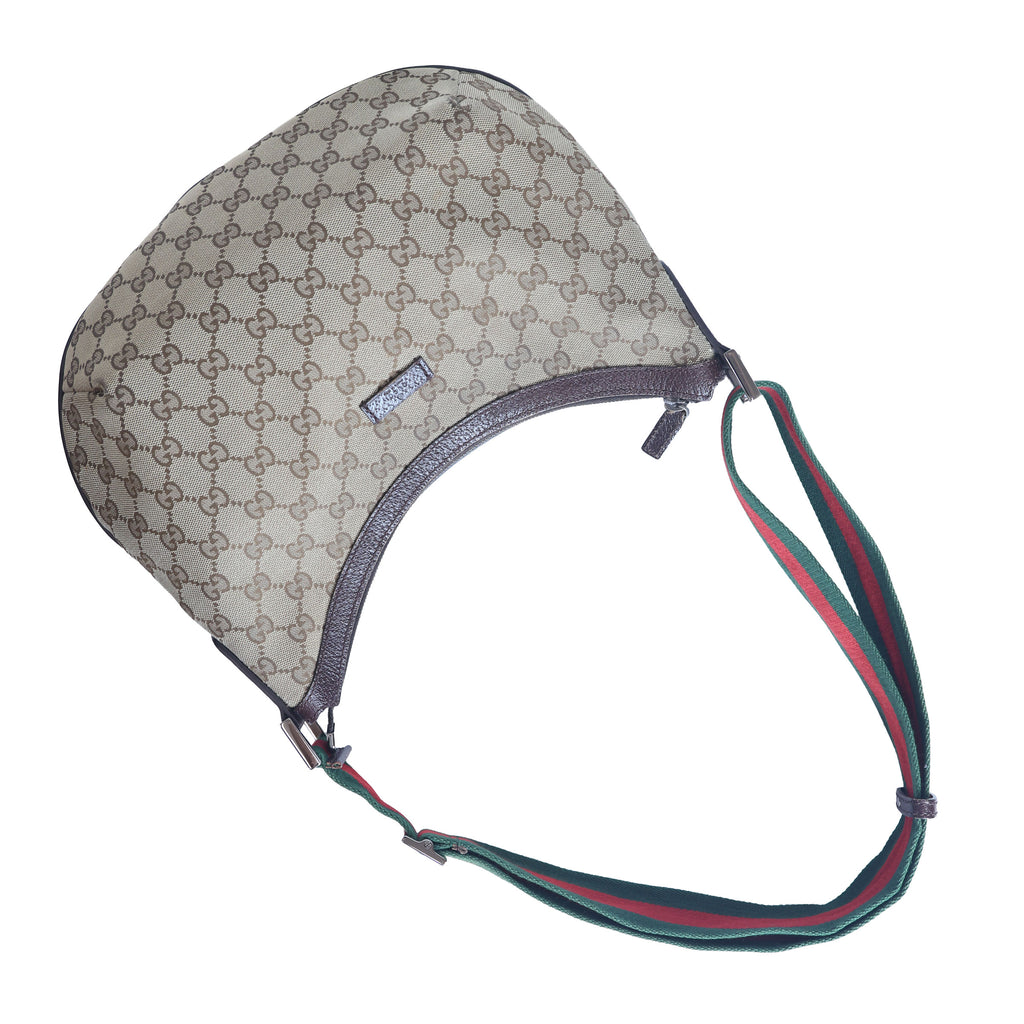 Preloved GUCCI GG Canvas Web Stripe Shoulder Bag Half Moon Half Hobo Brown | Luxe Again Maison
