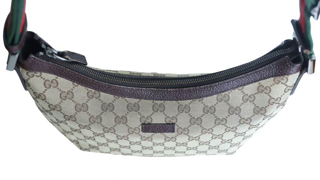 Preloved GUCCI GG Canvas Web Stripe Shoulder Bag Half Moon Half Hobo Brown | Luxe Again Maison