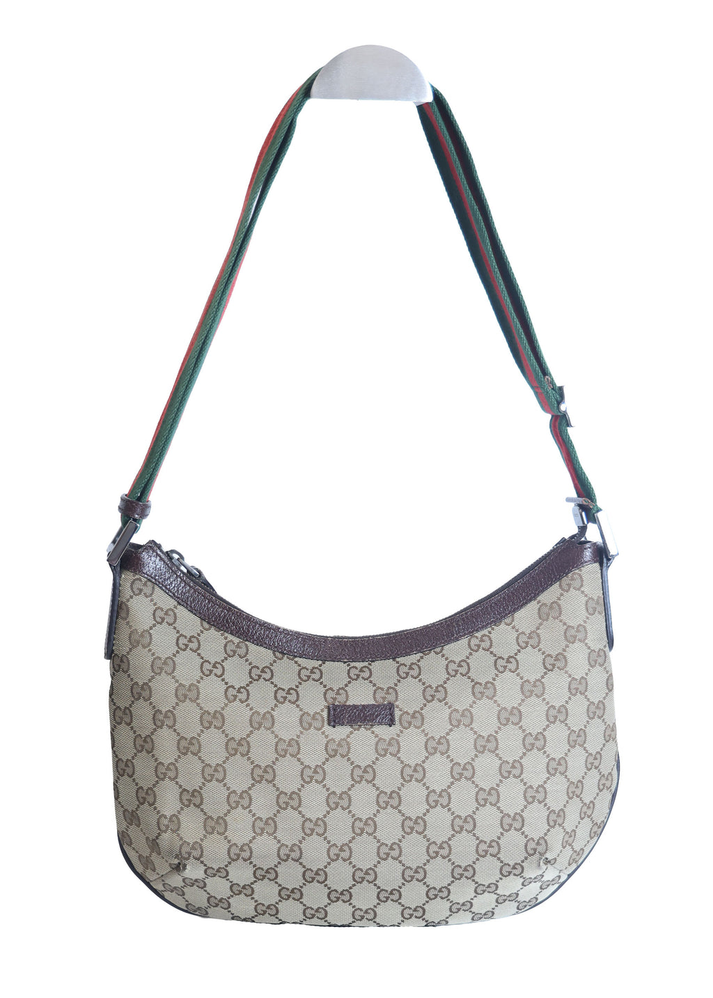 Preloved GUCCI GG Canvas Web Stripe Shoulder Bag Half Moon Half Hobo Brown | Luxe Again Maison