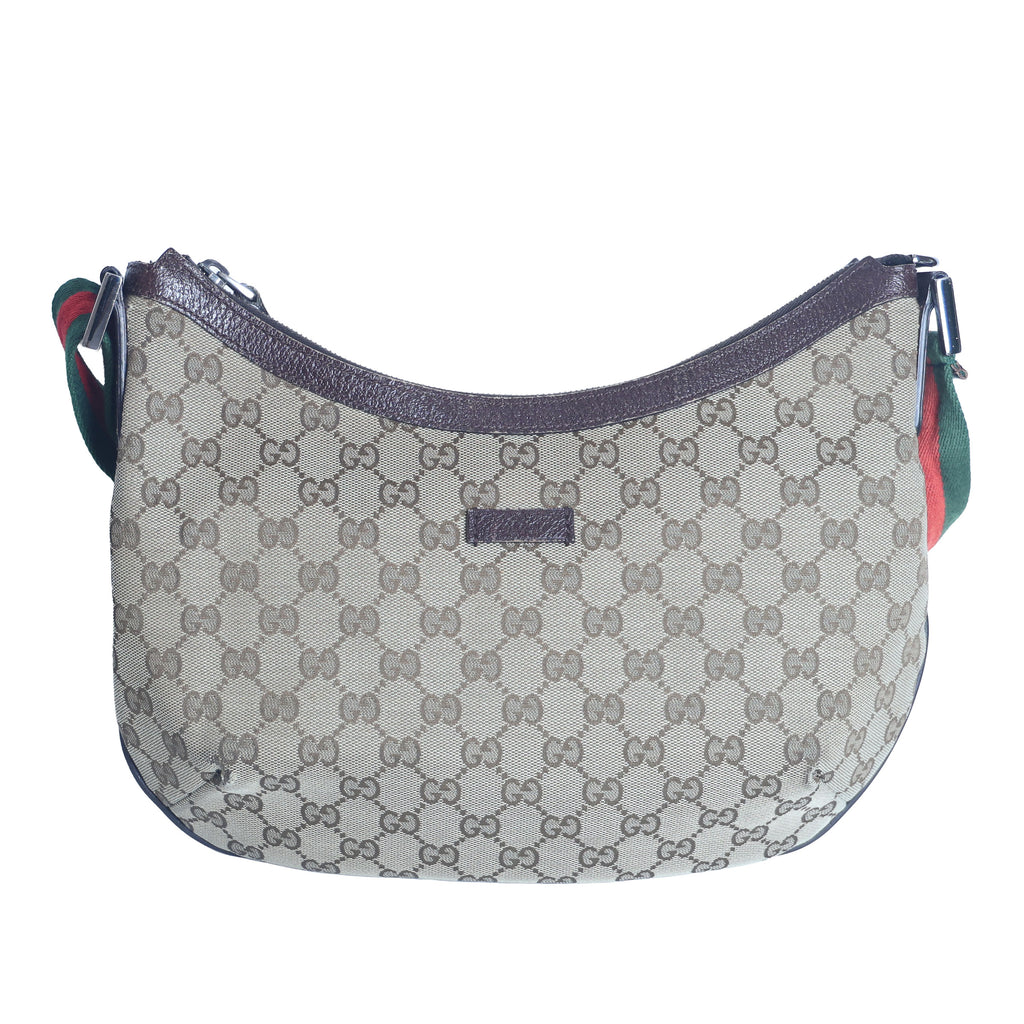 Preloved GUCCI GG Canvas Web Stripe Shoulder Bag Half Moon Half Hobo Brown | Luxe Again Maison