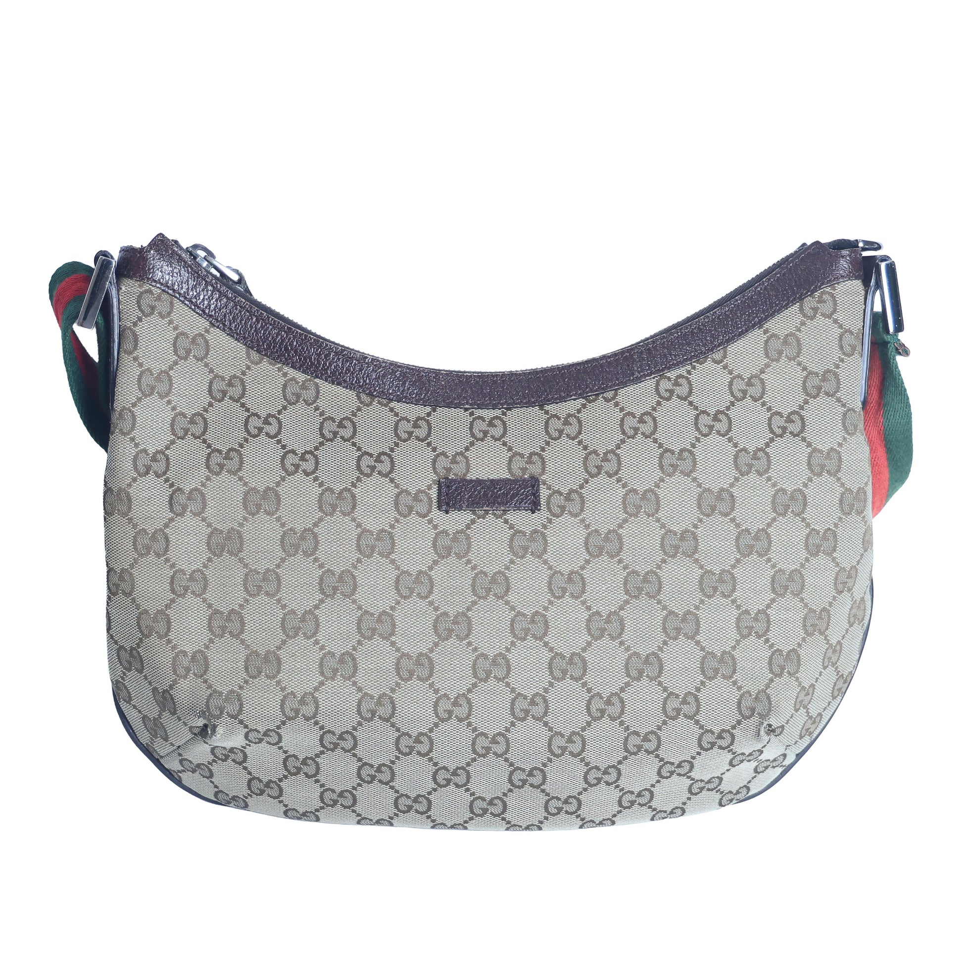 Preloved GUCCI GG Canvas Web Stripe Shoulder Bag Half Moon Half Hobo Brown | Luxe Again Maison