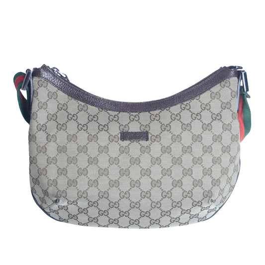 Preloved GUCCI GG Canvas Web Stripe Shoulder Bag Half Moon Half Hobo Brown | Luxe Again Maison