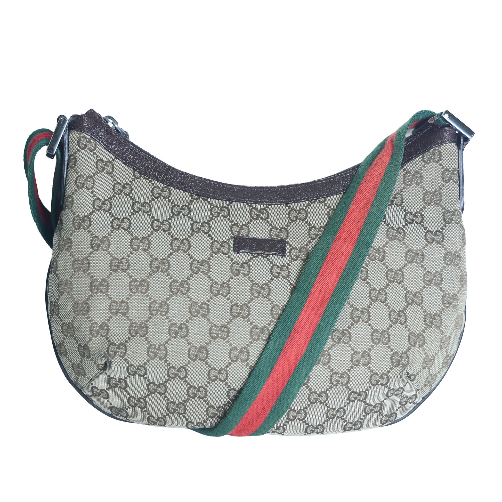 Preloved GUCCI GG Canvas Web Stripe Shoulder Bag Half Moon Half Hobo Brown | Luxe Again Maison