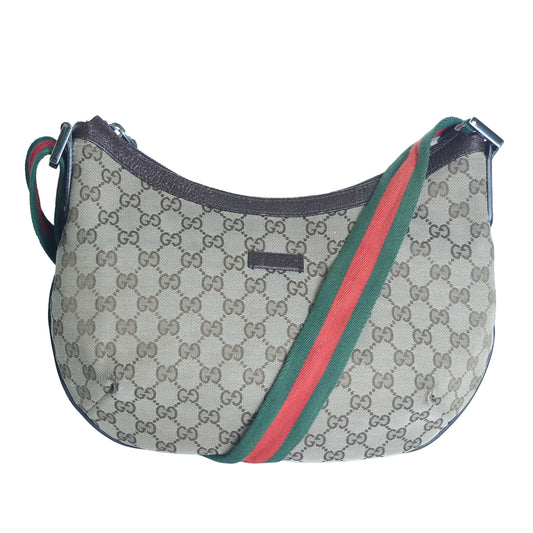 Preloved GUCCI GG Canvas Web Stripe Shoulder Bag Half Moon Half Hobo Brown | Luxe Again Maison