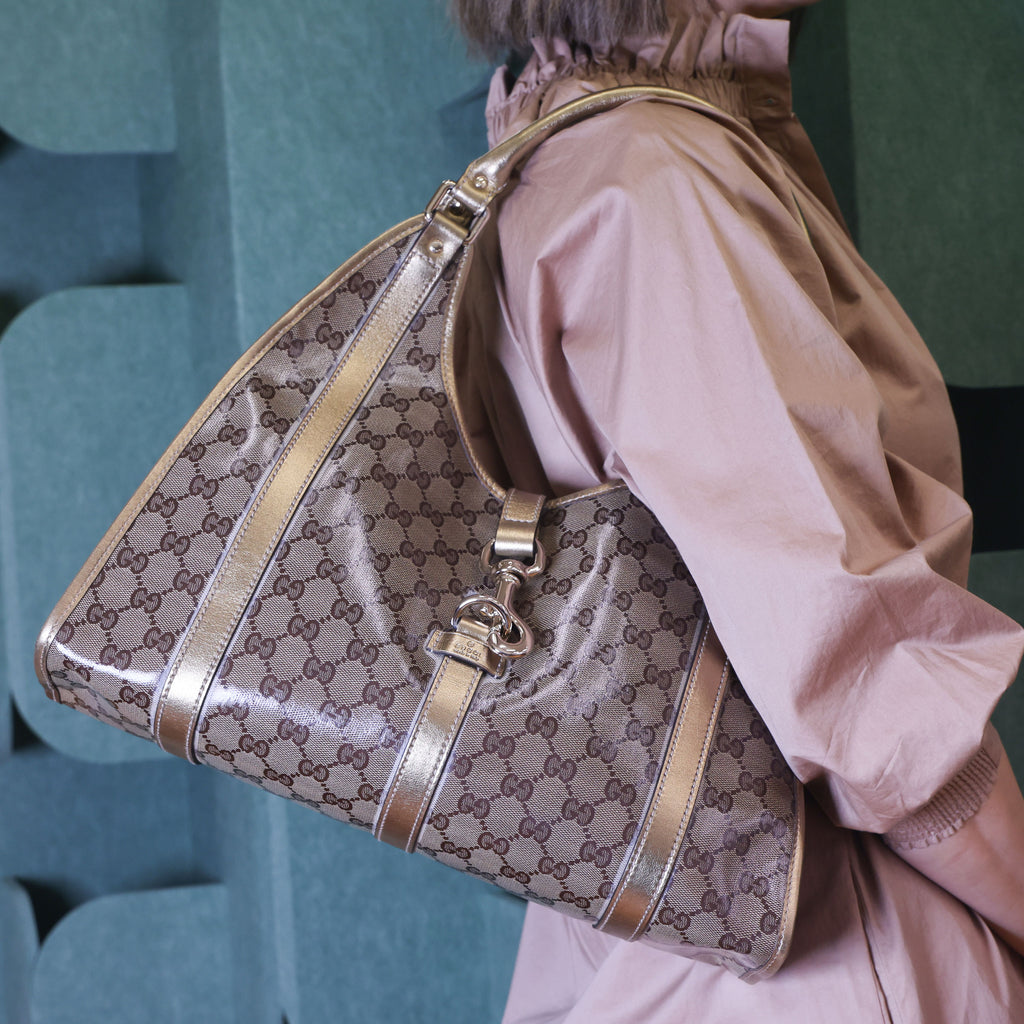 Preloved GUCCI GG Crystal Coated Canvas x Leather Gold Brown | Luxe Again Maison