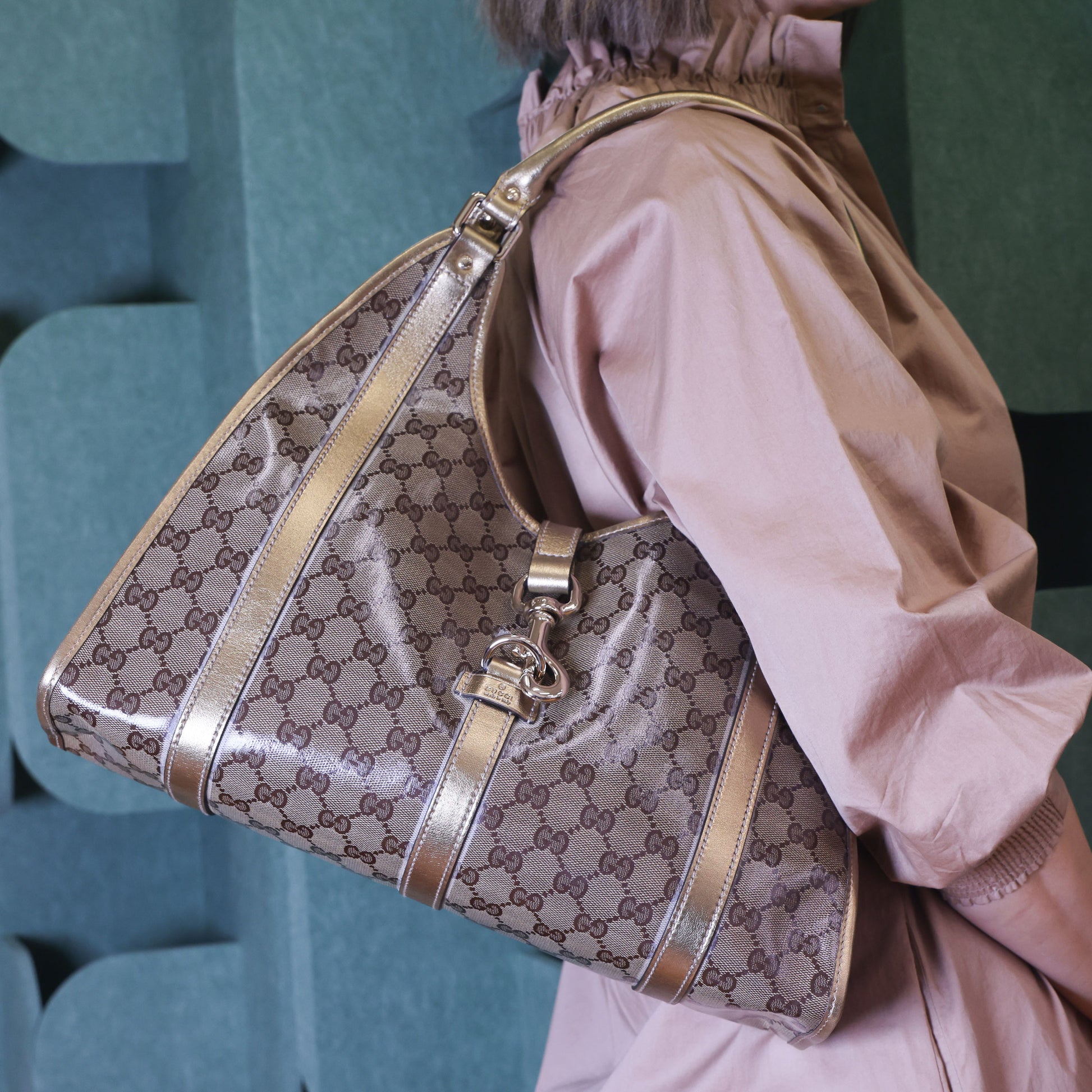 Preloved GUCCI GG Crystal Coated Canvas x Leather Gold Brown | Luxe Again Maison