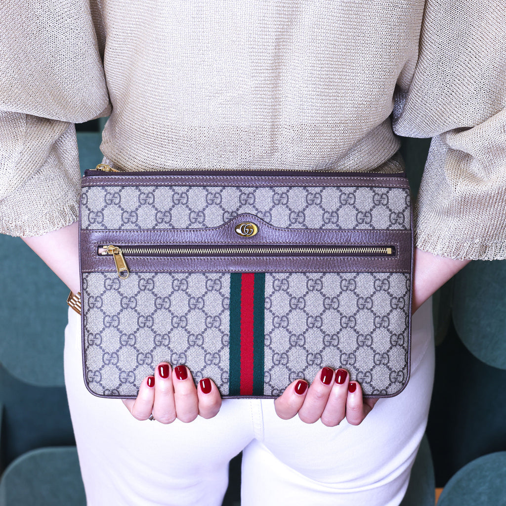 Preloved GUCCI GG Supreme Ophidia PVC x Leather Clutch Bag Brown | Luxe Again Maison