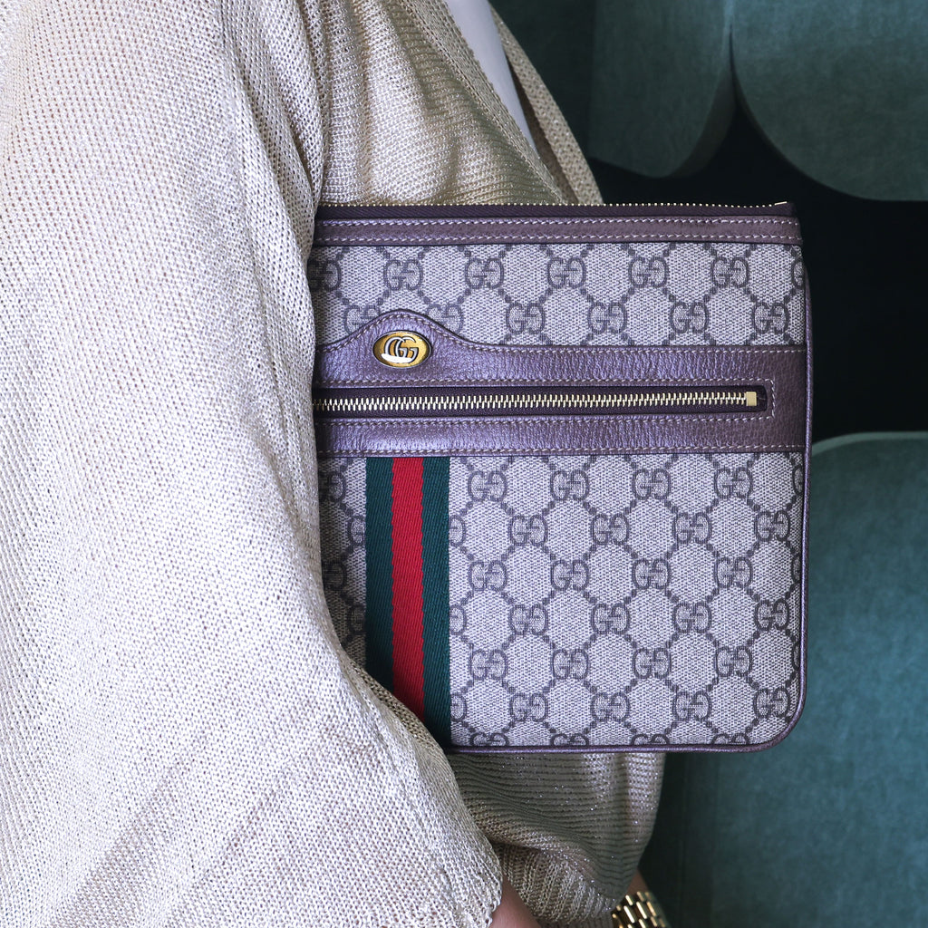 Preloved GUCCI GG Supreme Ophidia PVC x Leather Clutch Bag Brown | Luxe Again Maison