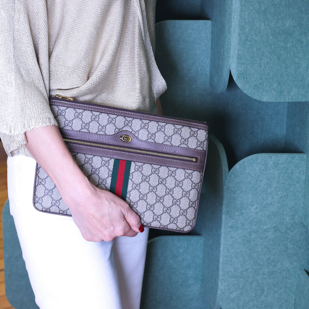 Preloved GUCCI GG Supreme Ophidia PVC x Leather Clutch Bag Brown | Luxe Again Maison