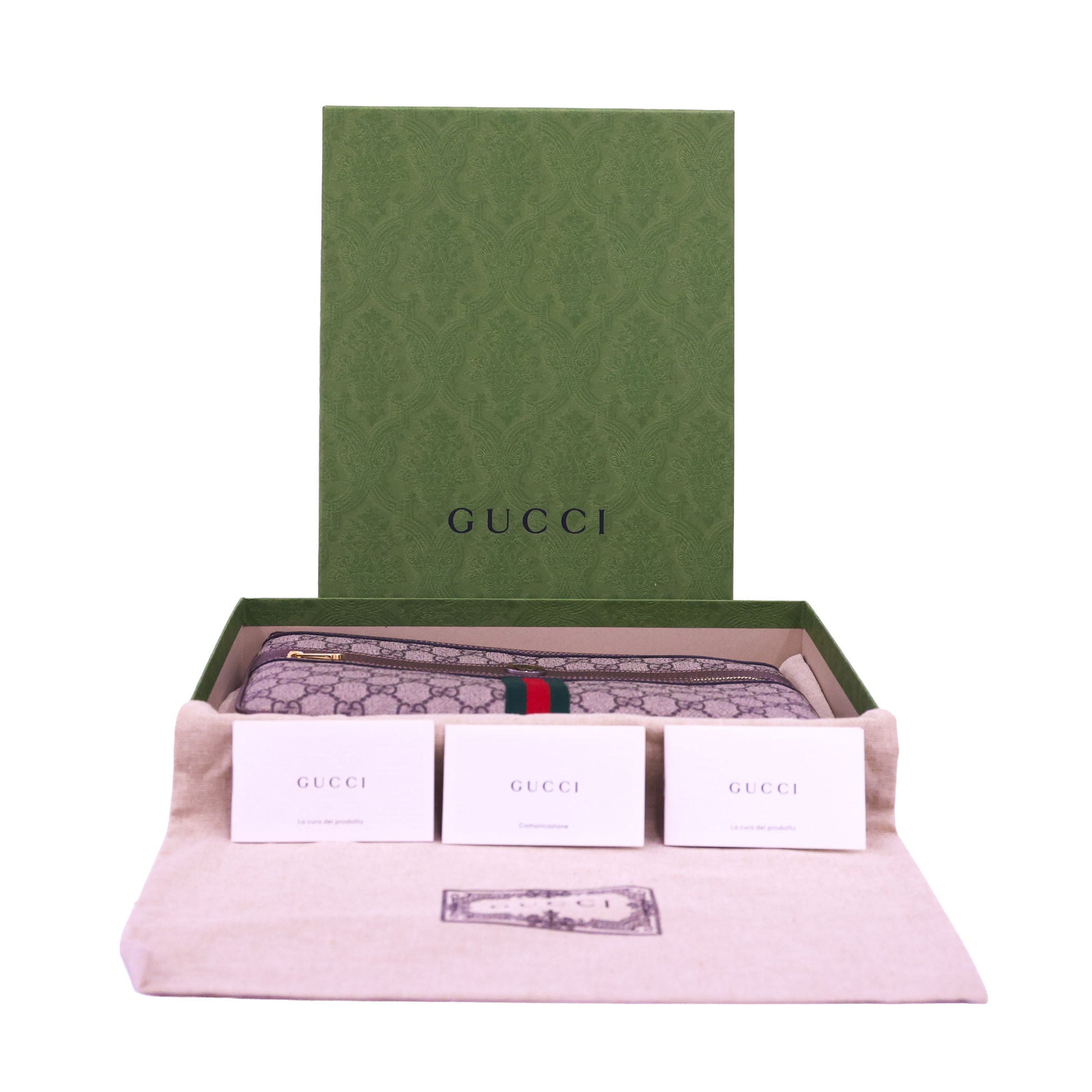 Preloved GUCCI GG Supreme Ophidia PVC x Leather Clutch Bag Brown | Luxe Again Maison