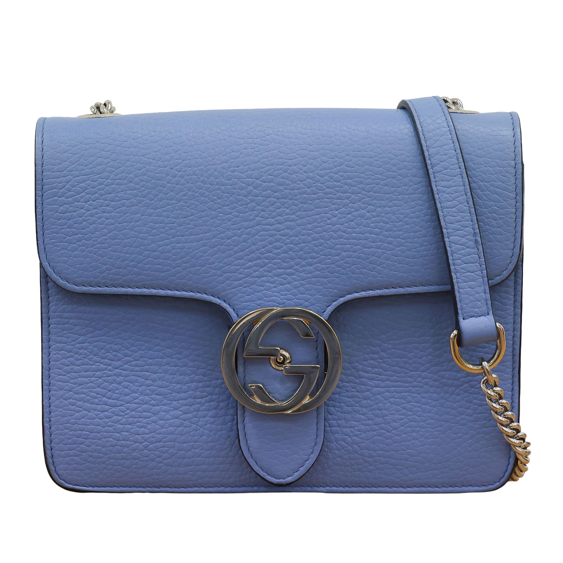Pre-owned authentic Gucci Interlocking G Chain 510304 Shoulder Leather Light Blue Bag | Luxe Again Maison