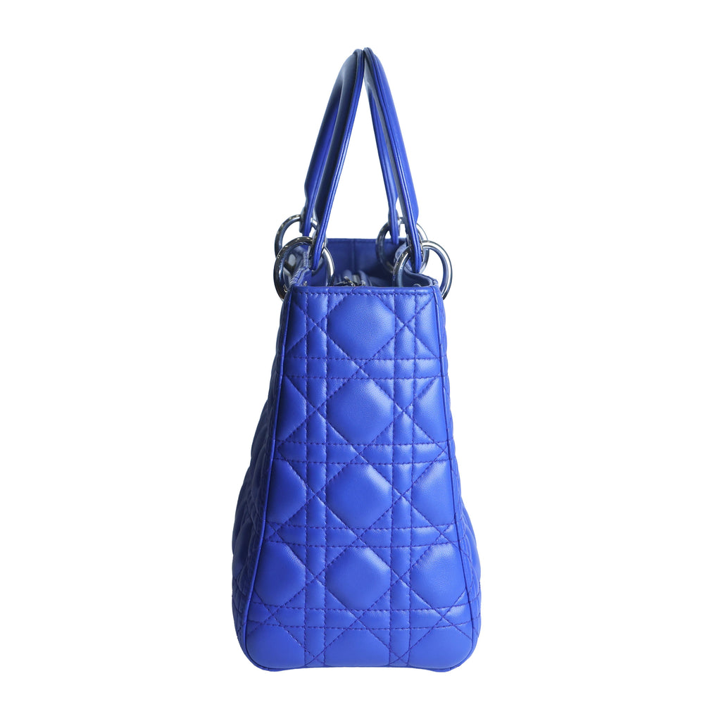 Preowned CHRISTIAN DIOR Lady Dior Cannage Leather Silver Hardware Blue Medium | Luxe Again Maison