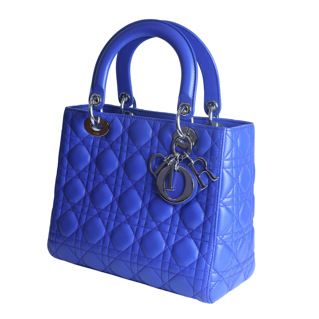 Preowned CHRISTIAN DIOR Lady Dior Cannage Leather Silver Hardware Blue Medium | Luxe Again Maison