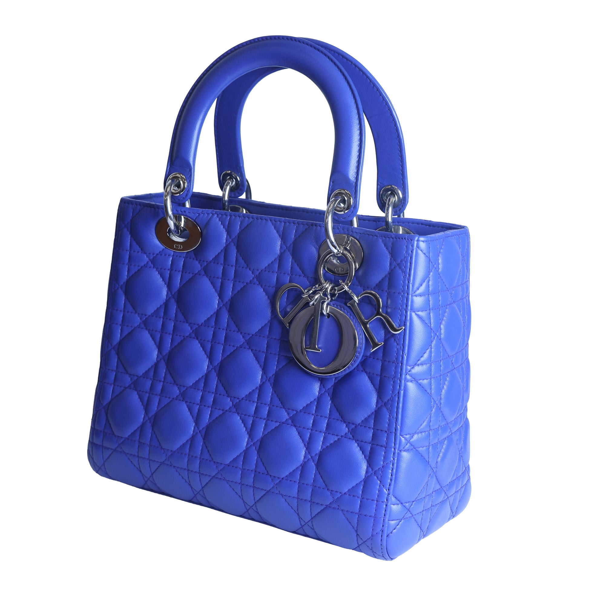 Preowned CHRISTIAN DIOR Lady Dior Cannage Leather Silver Hardware Blue Medium | Luxe Again Maison