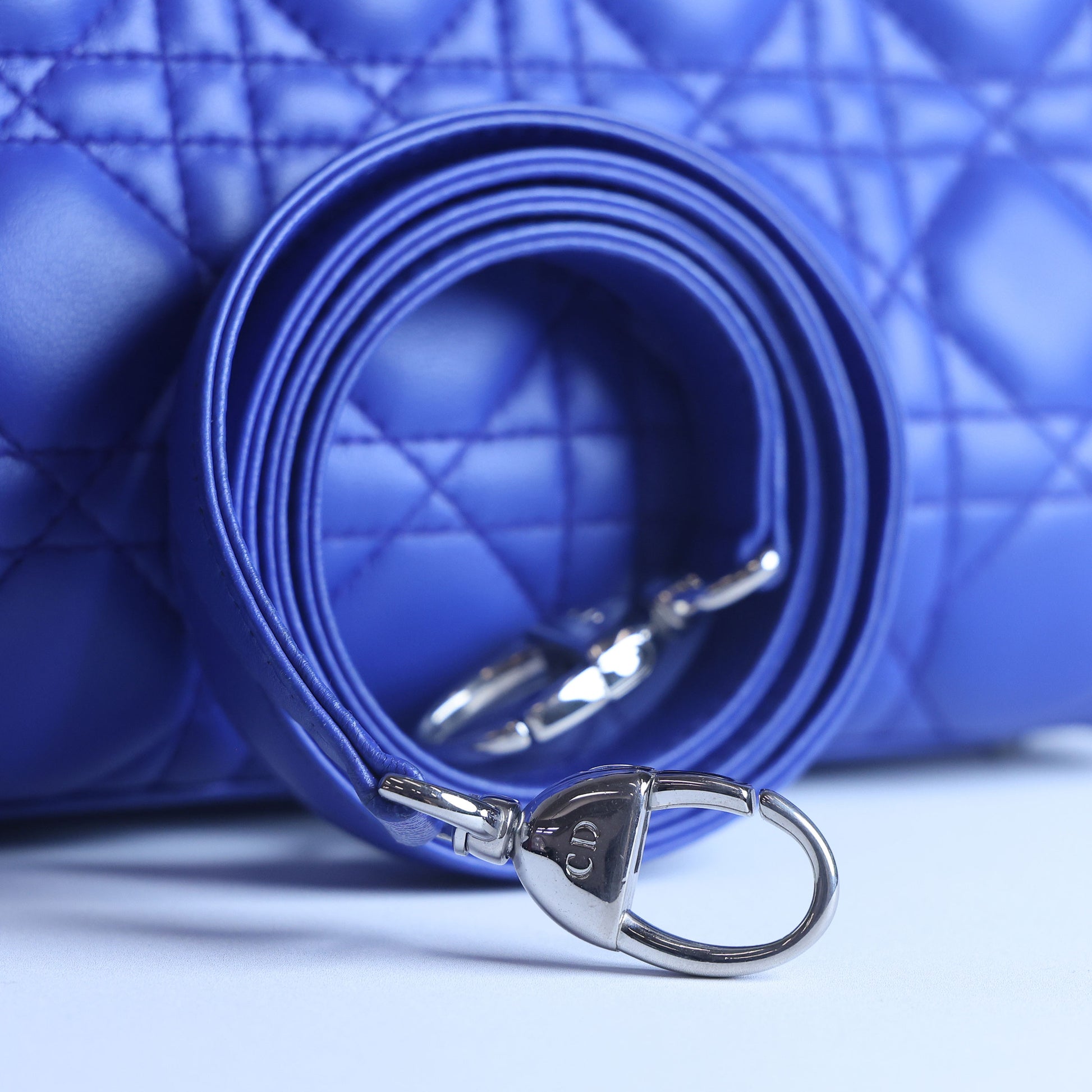 Preowned CHRISTIAN DIOR Lady Dior Cannage Leather Silver Hardware Blue Medium | Luxe Again Maison
