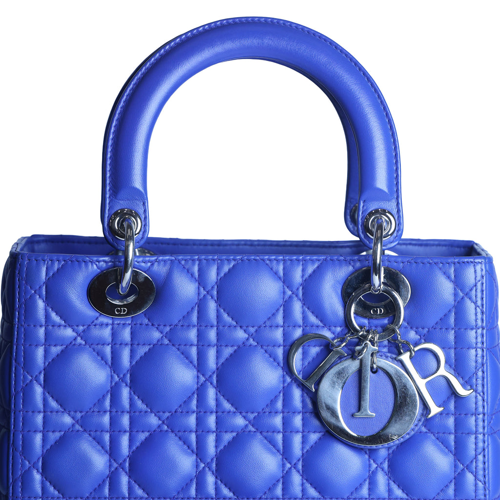 Preowned CHRISTIAN DIOR Lady Dior Cannage Leather Silver Hardware Blue Medium | Luxe Again Maison
