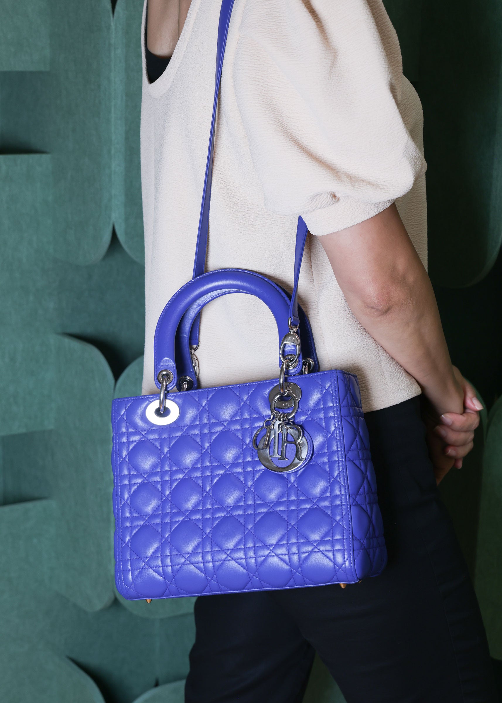 Preowned CHRISTIAN DIOR Lady Dior Cannage Leather Silver Hardware Blue Medium | Luxe Again Maison