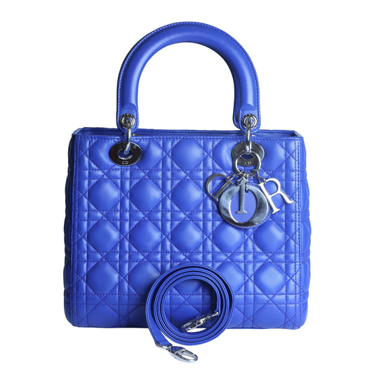 Preowned CHRISTIAN DIOR Lady Dior Cannage Leather Silver Hardware Blue Medium | Luxe Again Maison