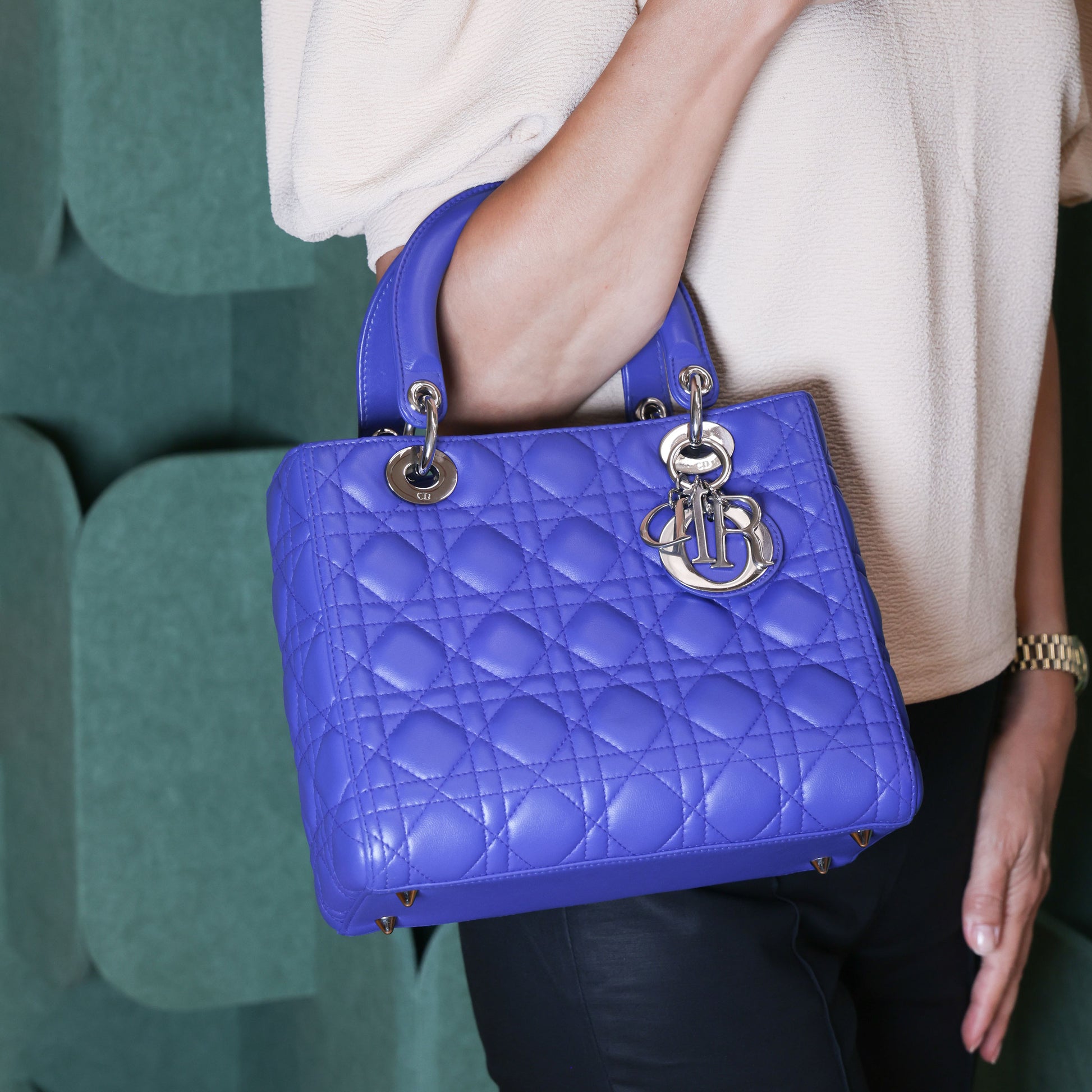 Preowned CHRISTIAN DIOR Lady Dior Cannage Leather Silver Hardware Blue Medium | Luxe Again Maison