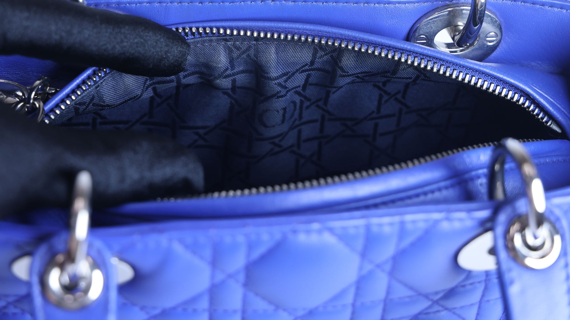 Preowned CHRISTIAN DIOR Lady Dior Cannage Leather Silver Hardware Blue Medium | Luxe Again Maison