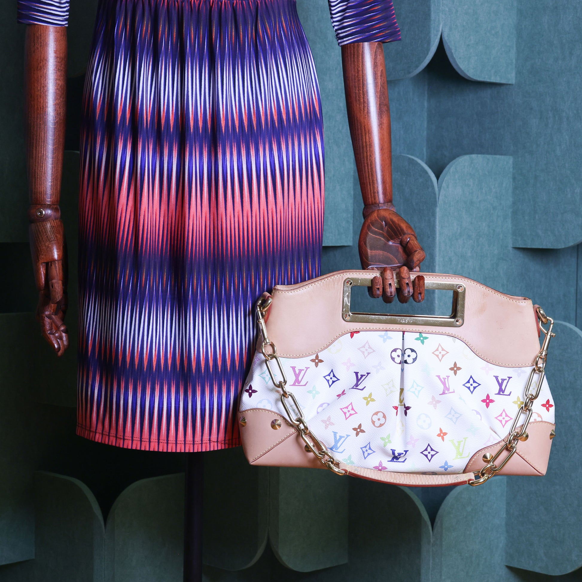 Preloved LOUIS VUITTON Judy PM Multicolore Monogram White Canvas x Leather Handbag | Luxe Again Maison