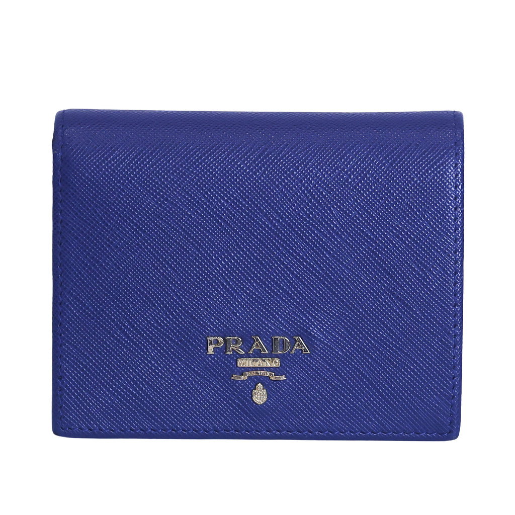 Pre-owned authentic PRADA 2018 Saffiano Leather Navy Bi-fold Clasp Slim Wallet 1M0204 | Box + G Card | Luxe Again Maison
